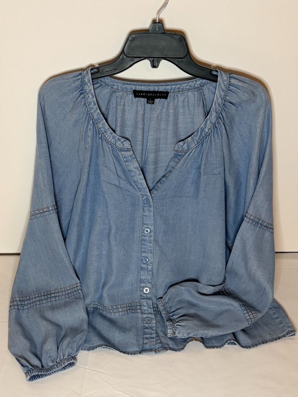 Jane + Delancey Blouse Women Blue Lyocell Boho Coastal Button-Down Chambray Sz L